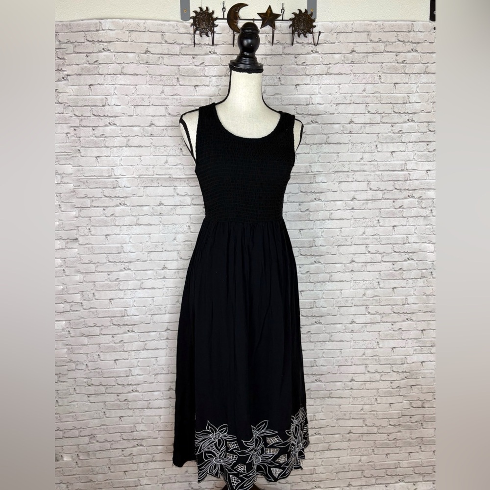 Vintage Jane Ashley Black Smocked Floral hem Maxi Dress